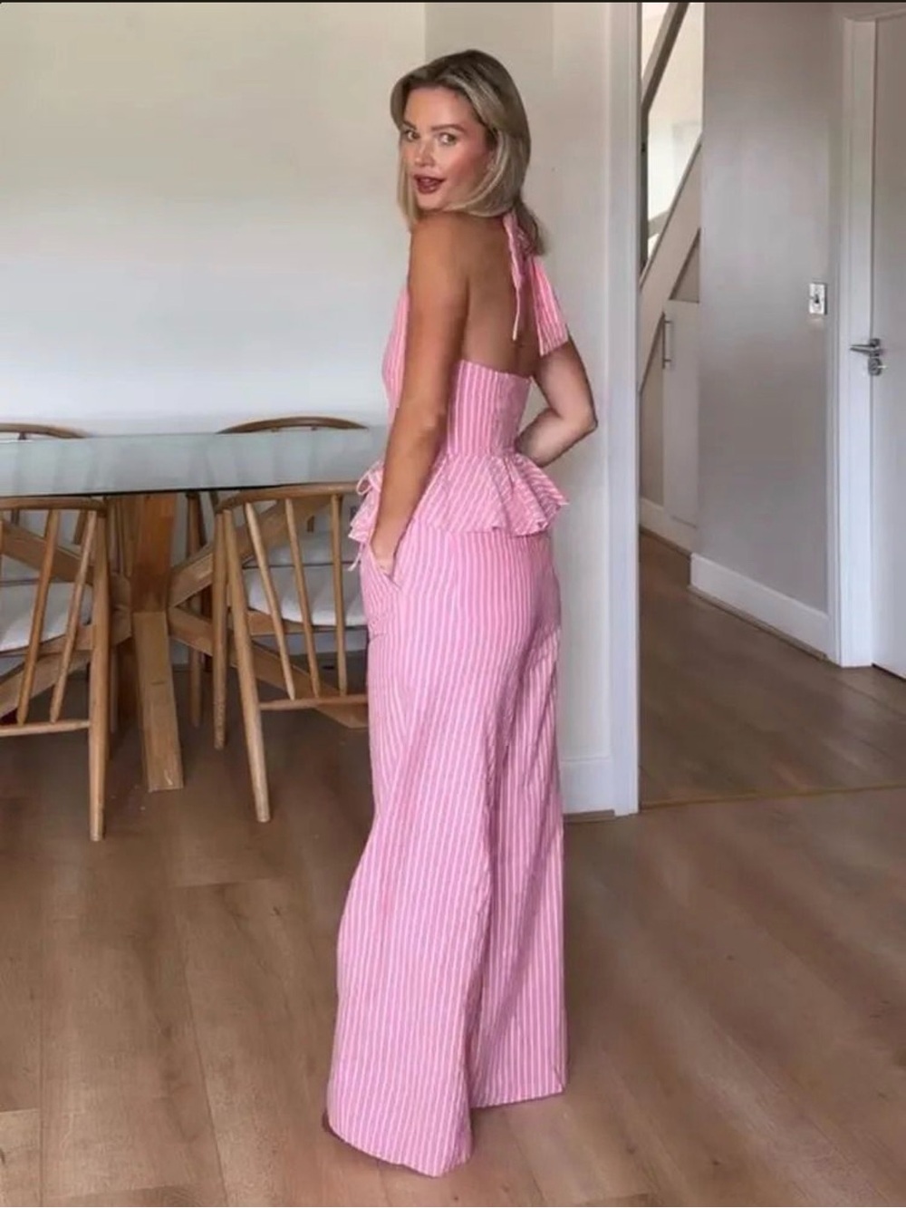 Zara Pink Striped Women's Coord Set with Peplum Waist - Picture 3 of 3